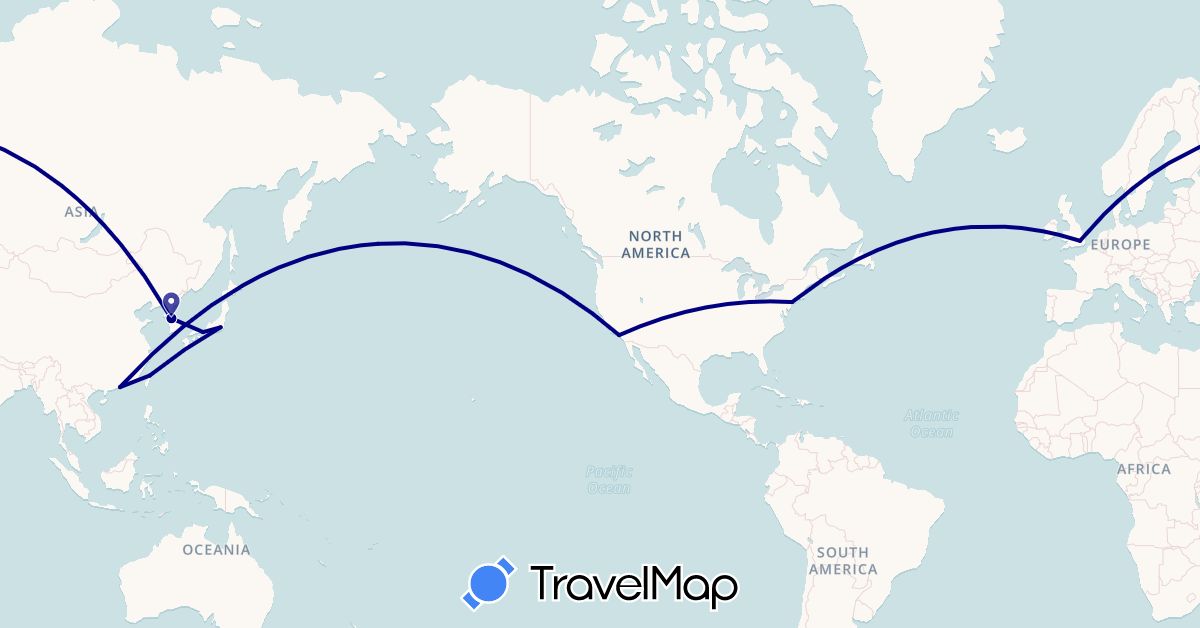 TravelMap itinerary: driving, plane in United Kingdom, Hong Kong, Japan, South Korea, Taiwan, United States (Asia, Europe, North America)